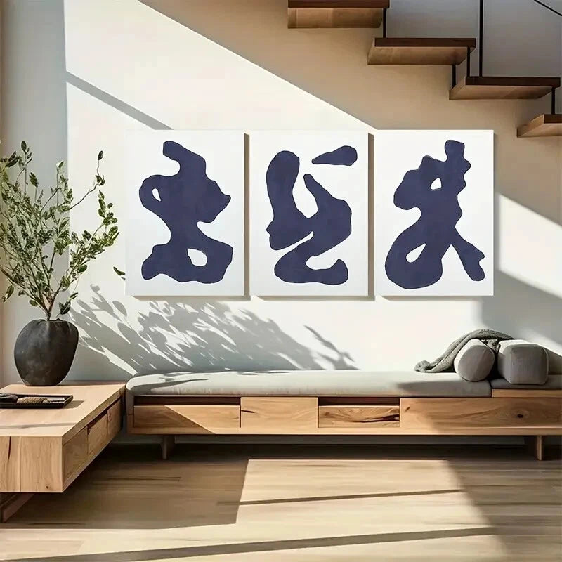 3pcs Abstract Navy Blue Modern Shapes Metal Print Ready to Hang Art - Bella Home Decor