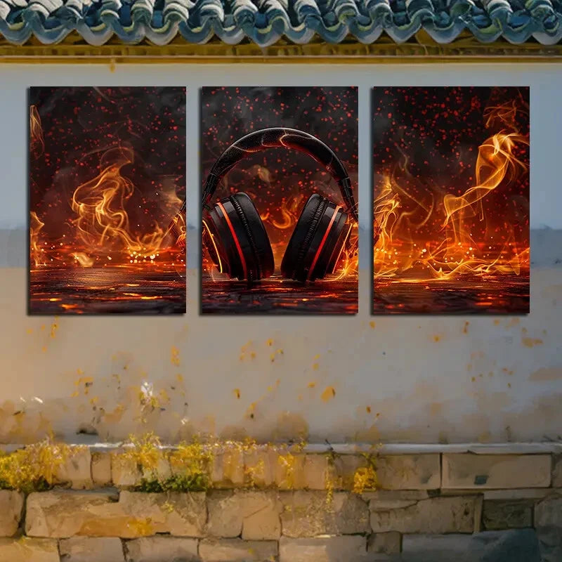3pcs Hard style music Headphone in Fire Design Metal Print Ready to Hang Art - Bella Home Decor
