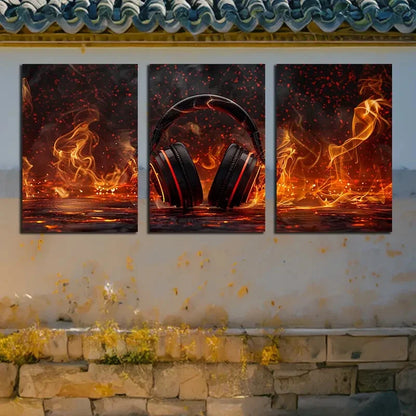 3pcs Hard style music Headphone in Fire Design Metal Print Ready to Hang Art - Bella Home Decor