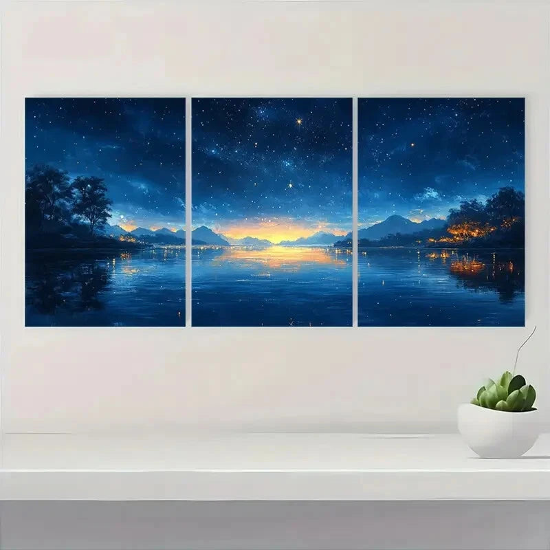 3pcs Dreamy Firefly Lit Lake Night Sky Scene Metal Print Ready to Hang Art - Bella Home Decor