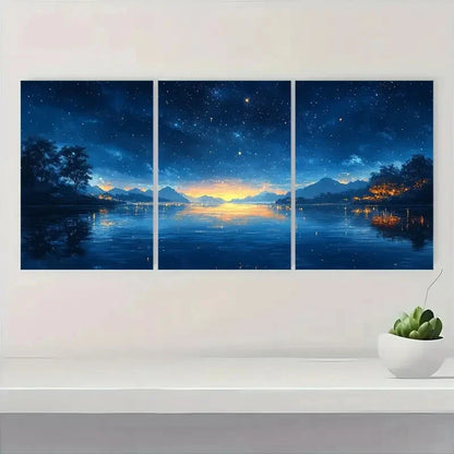 3pcs Dreamy Firefly Lit Lake Night Sky Scene Metal Print Ready to Hang Art - Bella Home Decor