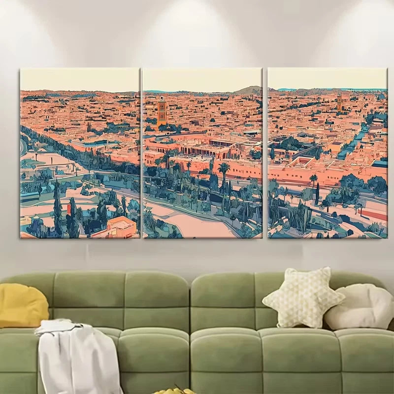 3pcs Vibrant Cityscape with Red-Orange Hues Metal Print Ready to Hang Art