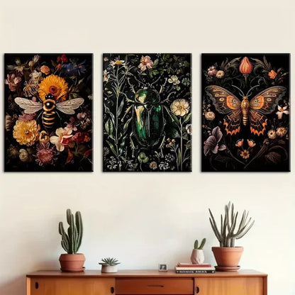 3pcs Featuring Insect Overhead Floral Colorful Wall Art Canvas Unframed - High Quality Print 100% Australian Made Wall Canvas