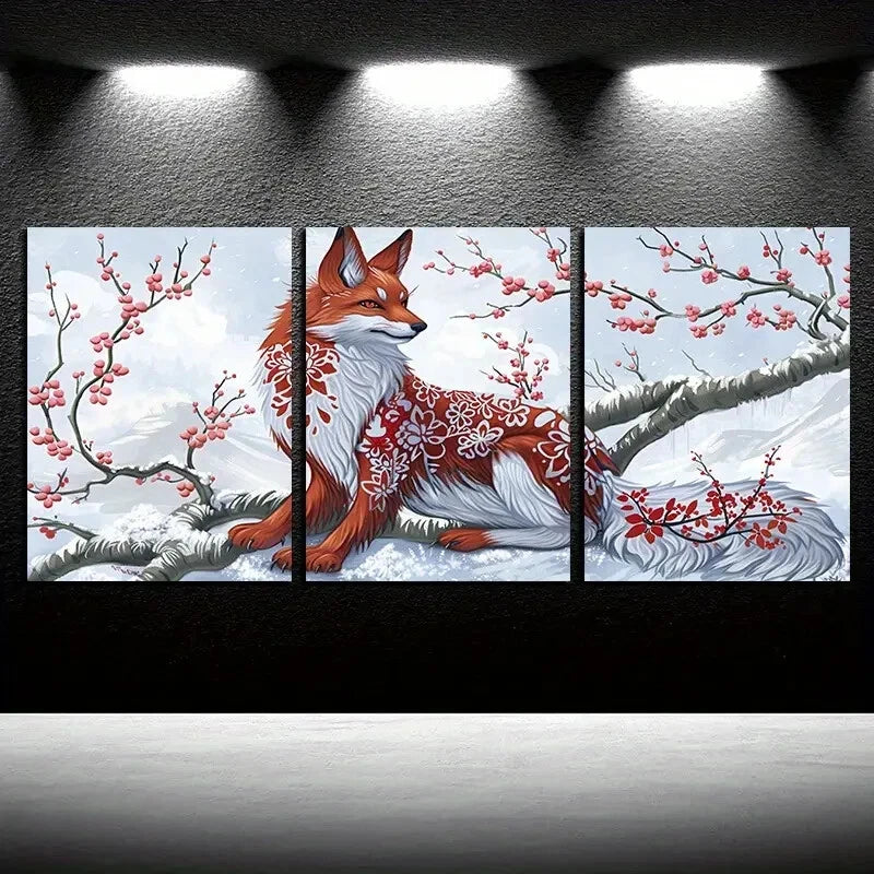 3pcs Fox in Snow with Cherry Blossoms Metal Print Ready to Hang Art