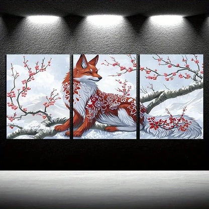 3pcs Fox in Snow with Cherry Blossoms Metal Print Ready to Hang Art