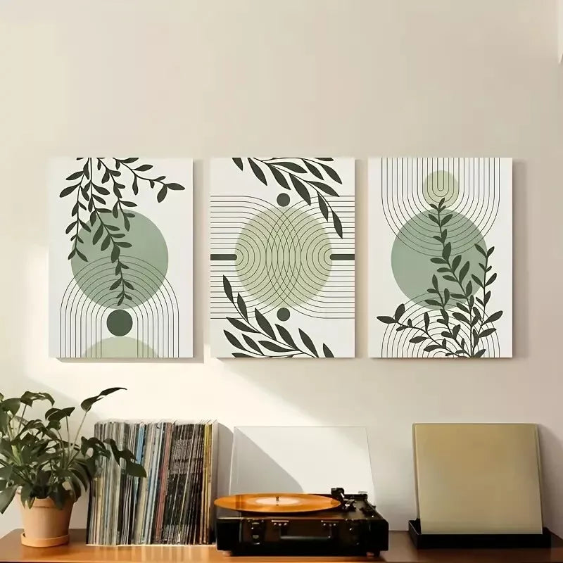 3pcs Abstract Geometric Prints in Green & Grey Canvas Framed 40x60cm - High Quality Print 100% Australian Made Wall Canvas Ready to Hang - Bella Home Decor