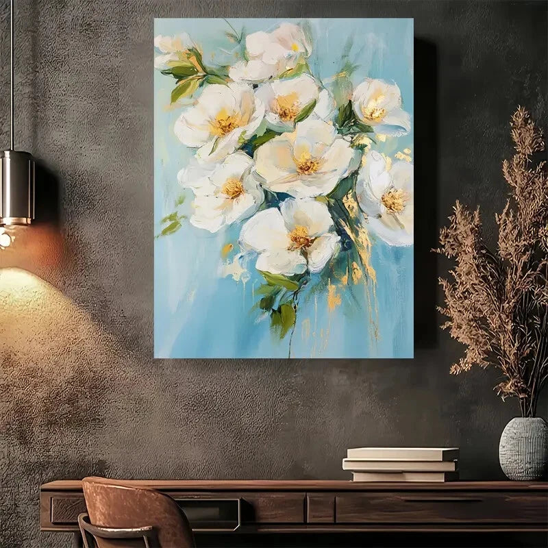 Beautiful Modern Abstract White Flower Painting 40x60cm Metal Print Ready to Hang - Bella Home Decor