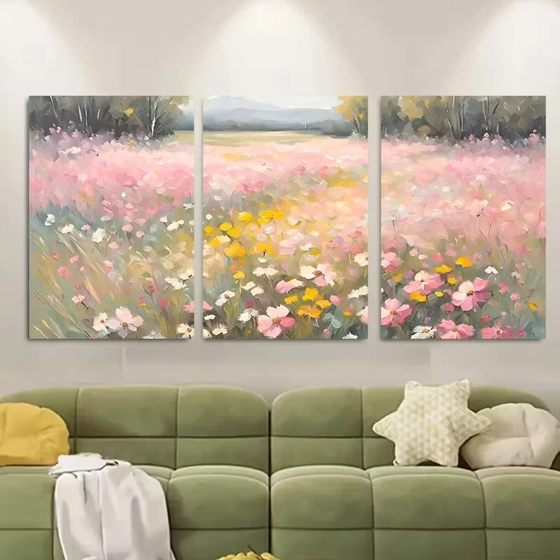 3pcs Pink Spring Wildflowers with Lush Greenery Metal Print Ready to Hang Art