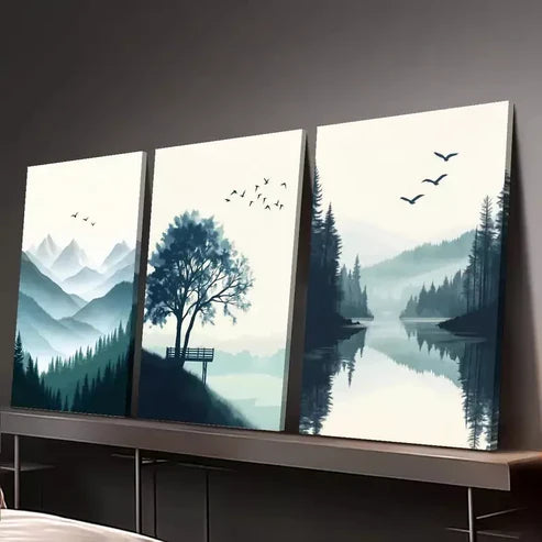 3pcs Mountain Lake Landscape with Pine Trees Canvas Unframed - High Quality Print 100% Australian Made Wall Canvas
