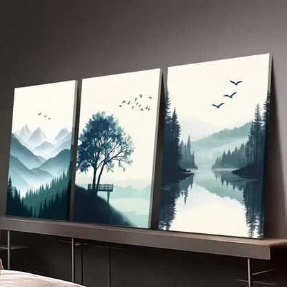 3pcs Mountain Lake Landscape with Pine Trees Canvas Unframed - High Quality Print 100% Australian Made Wall Canvas