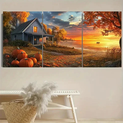 3pcs Vibrant Beach House & Pumpkin Wall Art Set Canvas Unframed - High Quality Print 100% Australian Made Wall Canvas