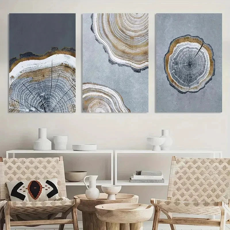 3pcs Vintage Tree Stump Blue & Golden Abstract Metal Print Ready to Hang Art - Bella Home Decor