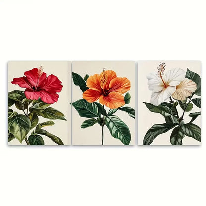 3pcs Vibrant Tropical Hibiscus Flower Metal Print Ready to Hang Art