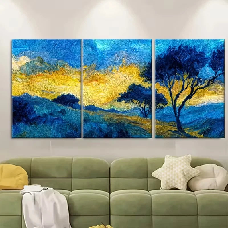 3pcs Blue & Yellow Oil Painting Landscapes Metal Print Ready to Hang Art - Bella Home Decor