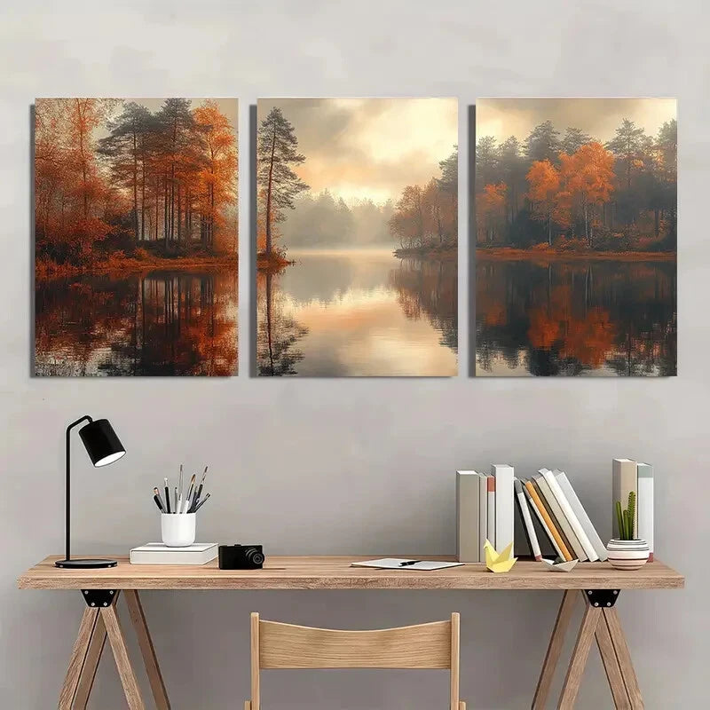 3pcs Autumn Woodland Landscape Nature Art Metal Print Ready to Hang Art - Bella Home Decor