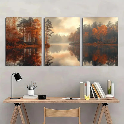 3pcs Autumn Woodland Landscape Nature Art Metal Print Ready to Hang Art - Bella Home Decor