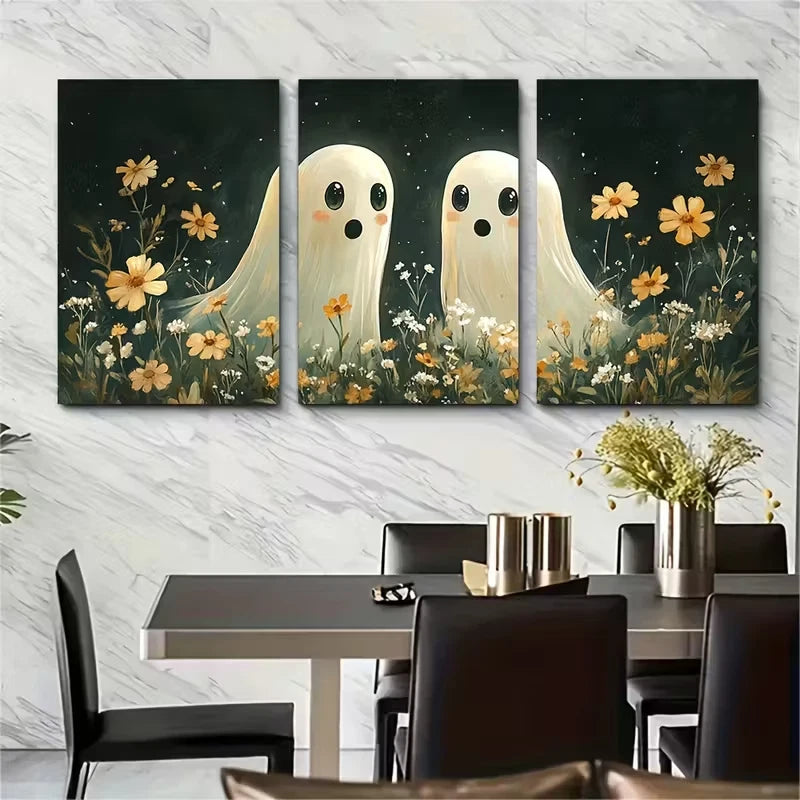 3pcs Featuring an Adorable Ghost Metal Print Ready to Hang Art