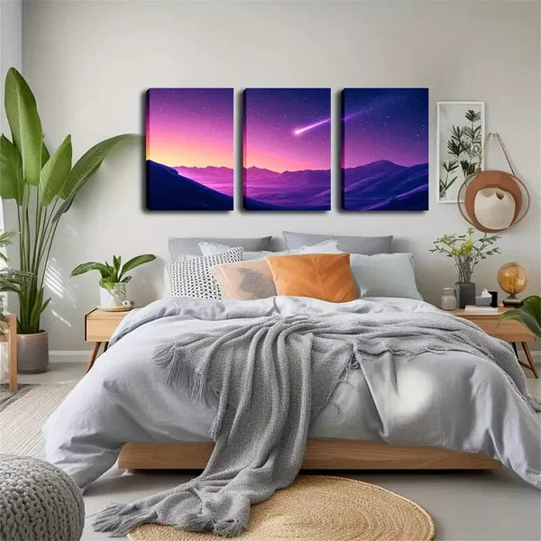 3pcs Purple Sky, Comet, Attractive Artwork Wall Art Set Canvas Framed 60x90cm - High Quality Print 100% Australian Made Wall Canvas Ready to Hang - Bella Home Decor