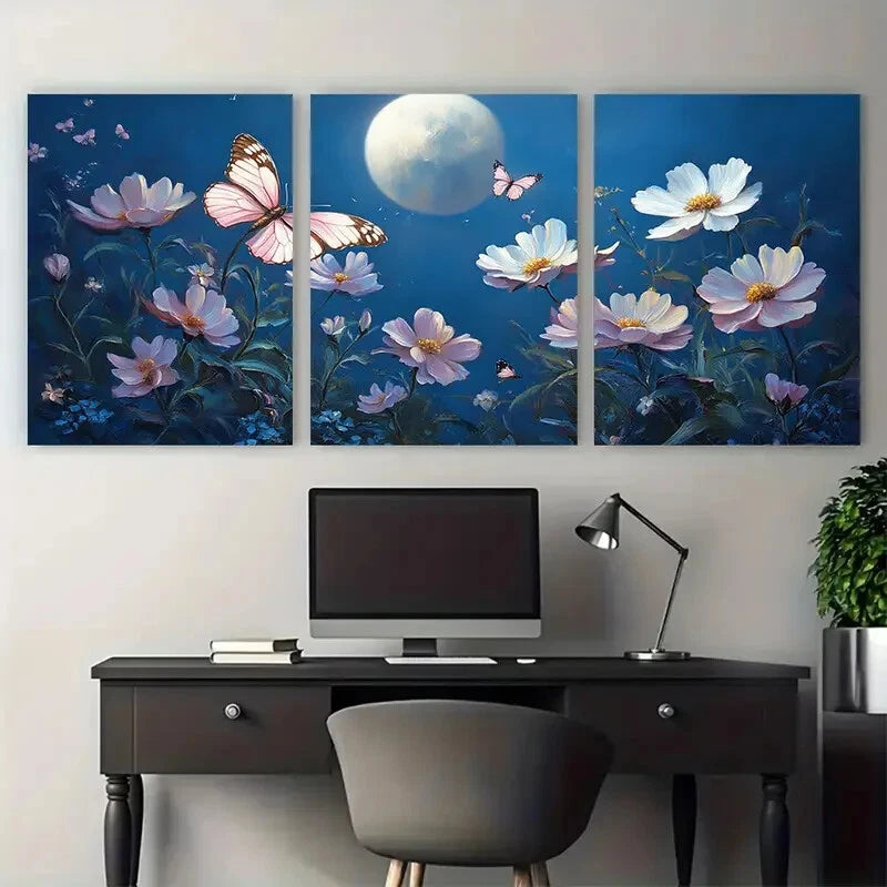3pcs Moonlit Garden with Flowers Butterflies Metal Print Ready to Hang Art - Bella Home Decor