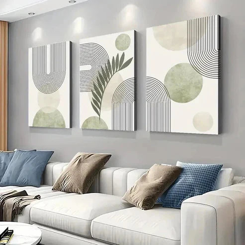 3pcs Abstract Sage Green Geometric Line Wall Art Set Canvas Unframed - High Quality Print 100% Australian Made Wall Canvas - Bella Home Decor