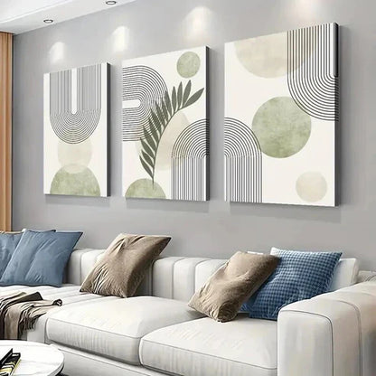 3pcs Abstract Sage Green Geometric Line Wall Art Set Canvas Unframed - High Quality Print 100% Australian Made Wall Canvas - Bella Home Decor