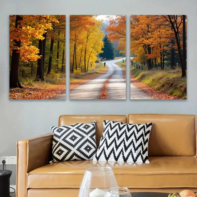 3pcs Autumn Road Landscape Wall Art Set Canvas Framed 50x70cm - High Quality Print 100% Australian Made Wall Canvas Ready to Hang - Bella Home Decor