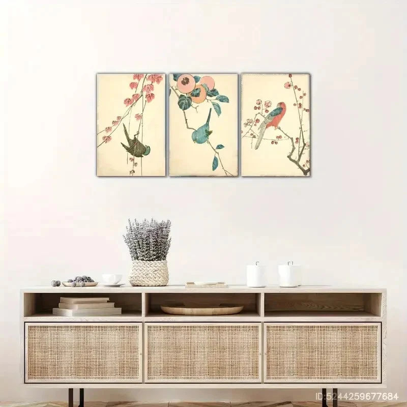 3pcs Birds on Branches with Plants and Flowers Metal Print Ready to Hang Art