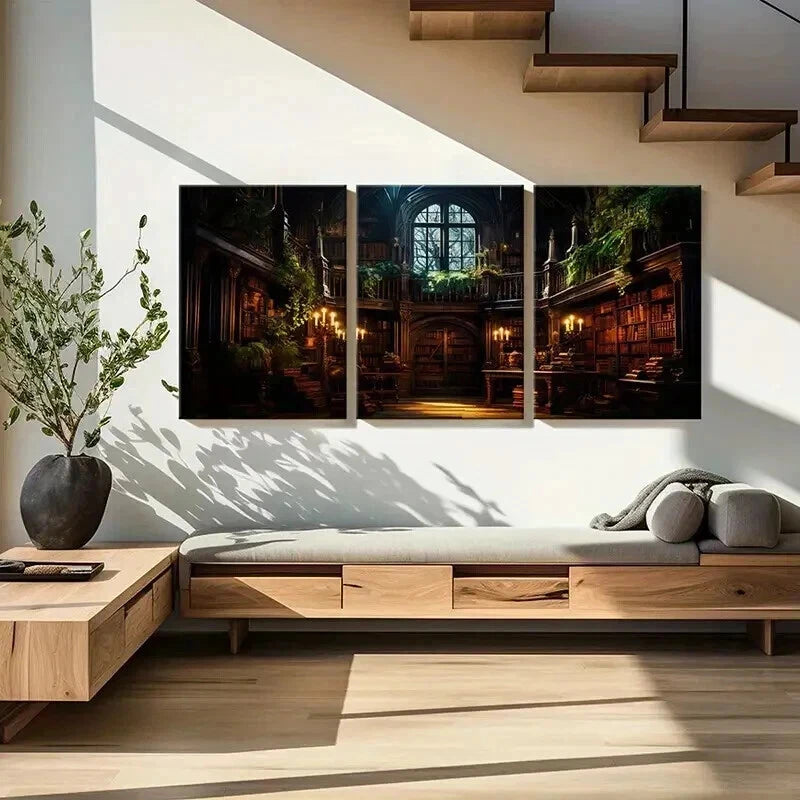 3pcs Gothic Library Bookshelves & Candles Wall Art Set Canvas Framed 60x90cm - High Quality Print 100% Australian Made Wall Canvas Ready to Hang - Bella Home Decor