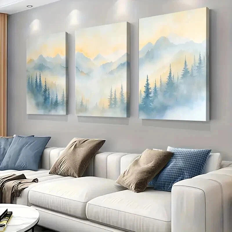 3pcs Misty Mountain Forest Sunrise Wall Art Set Canvas Framed 60x90cm - High Quality Print 100% Australian Made Wall Canvas Ready to Hang - Bella Home Decor