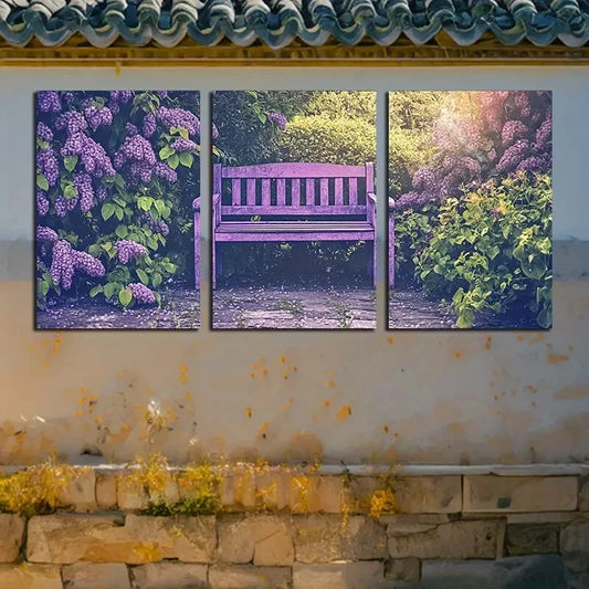 3pcs Vibrant Purple Bench in The Forest Metal Print Ready to Hang Art