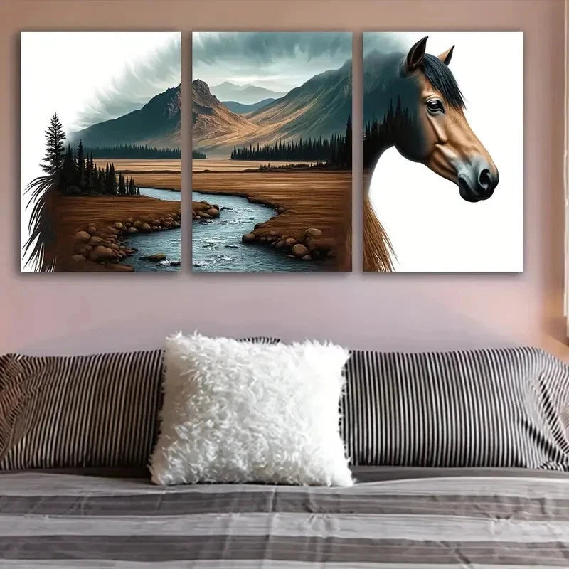 3pcs Horse Standing Indoors Scene Wall Art Set Canvas Framed 60x90cm - High Quality Print 100% Australian Made Wall Canvas Ready to Hang