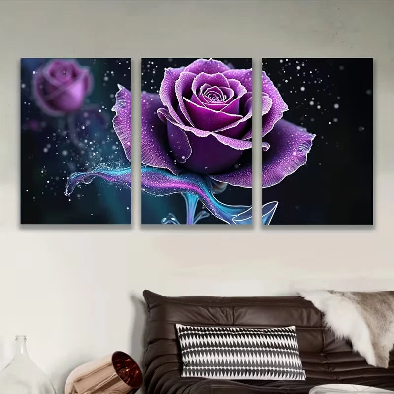 3pcs Vibrant Purple Roses & Water Drops Metal Print Ready to Hang Art
