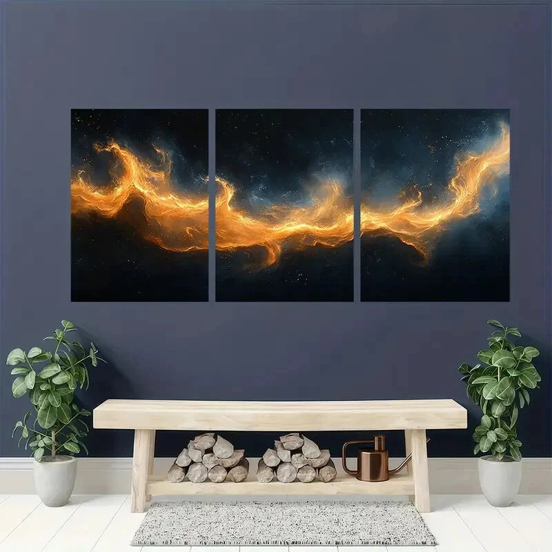 3pcs Abstract Geometric Black & Golden Smoke Wave Metal Print Ready to Hang Art - Bella Home Decor