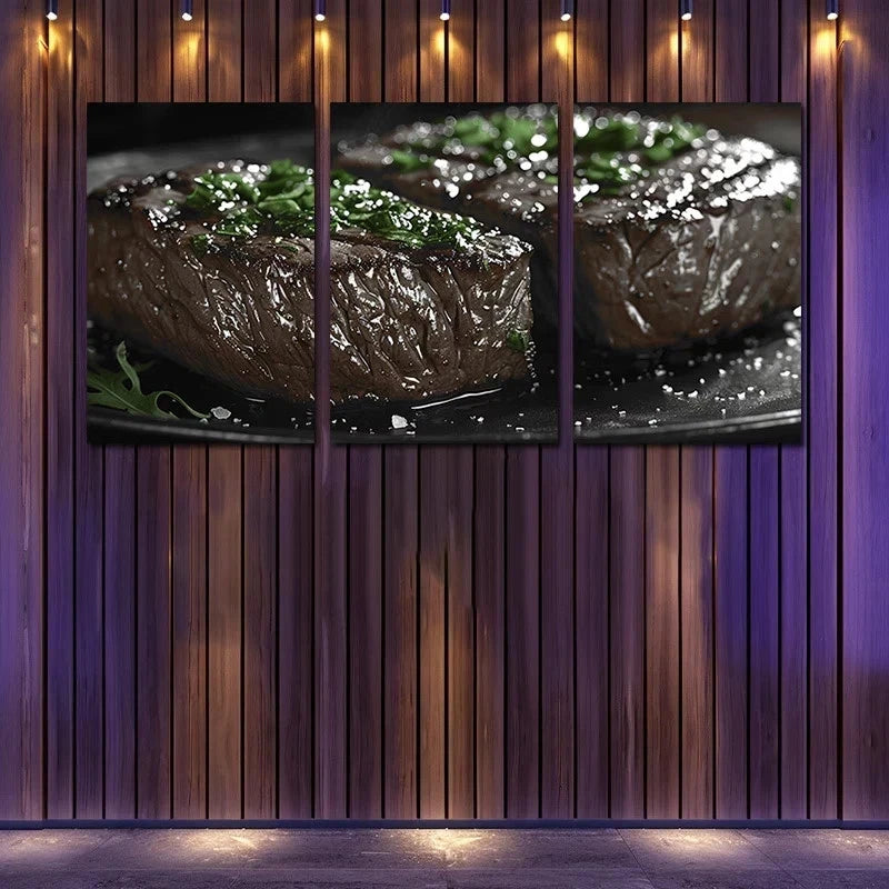 3pcs Cooked Beef Steak served with Fresh Herbs Metal Print Ready to Hang Art - Bella Home Decor