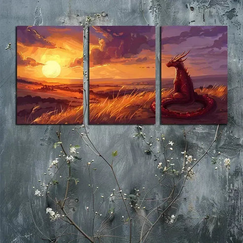 3pcs A Young Dragon Watching The Sunset Art Set Canvas Unframed - High Quality Print 100% Australian Made Wall Canvas - Bella Home Decor