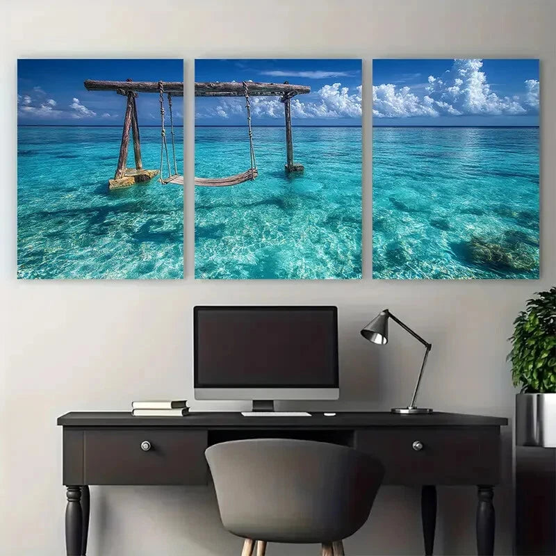 3pcs Crystal Clear Turquoise Blue Seascape Metal Print Ready to Hang Art - Bella Home Decor