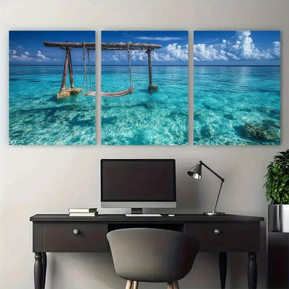 3pcs Crystal Clear Turquoise Blue Seascape Metal Print Ready to Hang Art - Bella Home Decor
