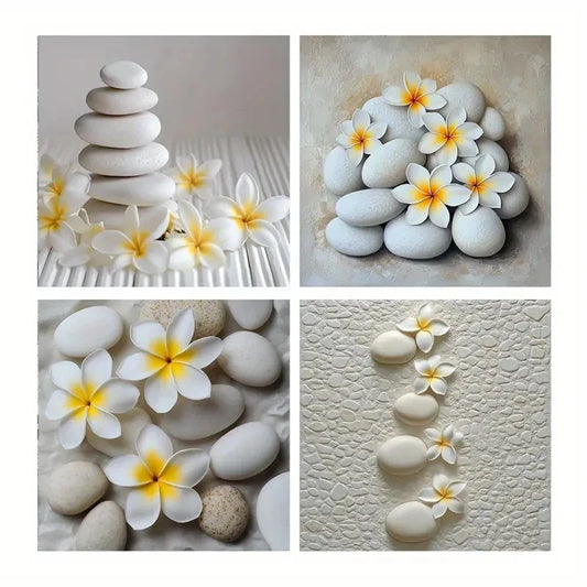 4pcs Egg Flower Decorative Painting, White Stone Wall Art Canvas Framed