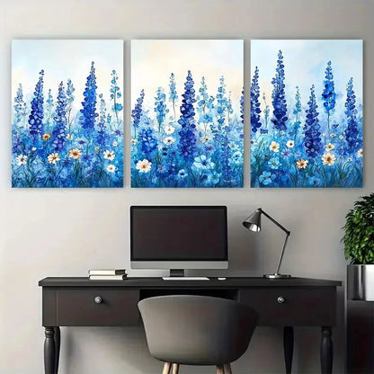 3pcs Blue Abstract Watercolor Floral Meadow Metal Print Ready to Hang Art - Bella Home Decor