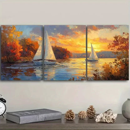 3pcs Serene Sailboat Sunset Scene Water Wall Art Set Canvas Unframed - High Quality Print 100% Australian Made Wall Canvas