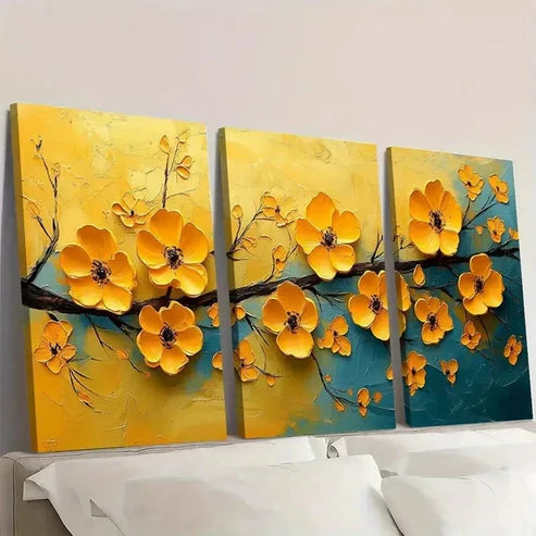 3pcs Abstract Painting Yellow Floral  Wall Art Set Canvas Unframed - High Quality Print 100% Australian Made Wall Canvas - Bella Home Decor