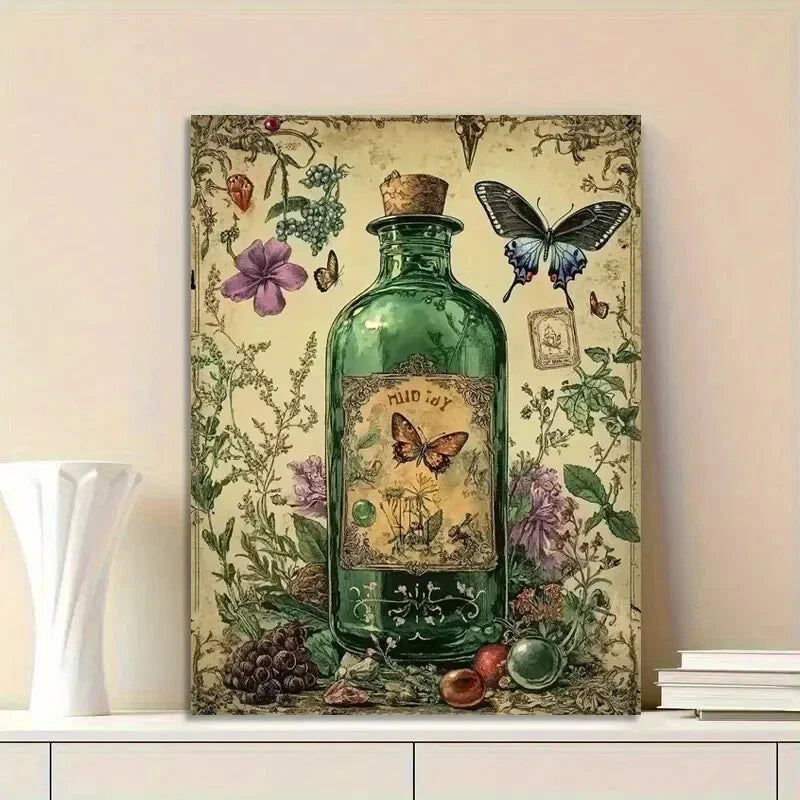 Green Glass Bottle with a Herbarium, Herbs And Dried 40x60cm Metal Print Ready to Hang