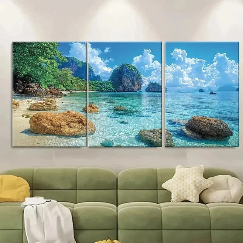 3pcs Serene Seascape Krabi Island Rocks  Wall Art Set Canvas Framed 40x60cm - High Quality Print 100% Australian Made Wall Canvas Ready to Hang - Bella Home Decor