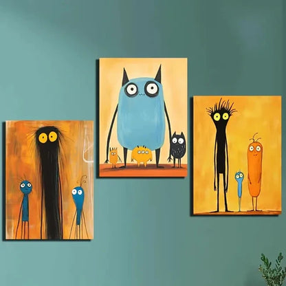 3pcs Owls, Aliens & Friends, Modern & Playful Wall Art Set Canvas Unframed - High Quality Print 100% Australian Made Wall Canvas