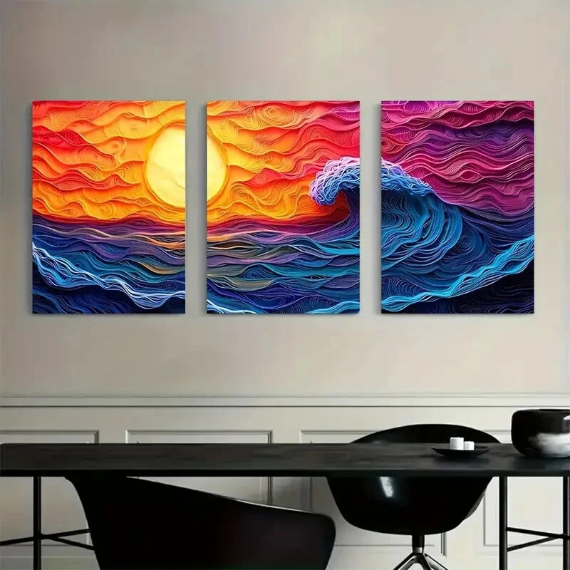 3pcs Vibrant Ocean Sunset Scene with Waves Metal Print Ready to Hang Art - Bella Home Decor