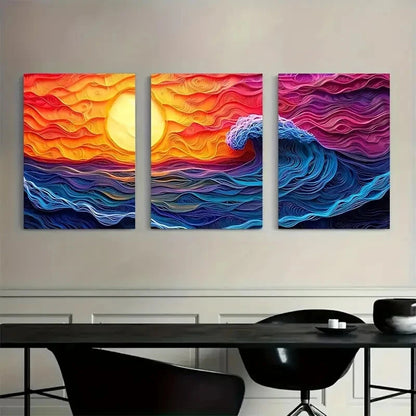 3pcs Vibrant Ocean Sunset Scene with Waves Metal Print Ready to Hang Art - Bella Home Decor