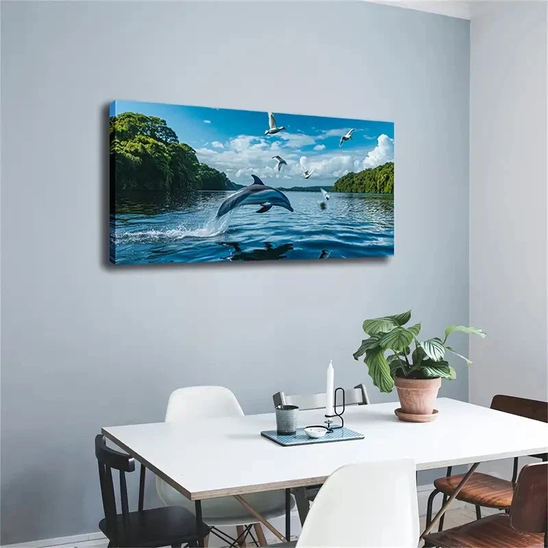 A Dolphin Leaps Out The Water Wall Art Canvas Office Home Room Framed 120x60cm - Bella Home Decor