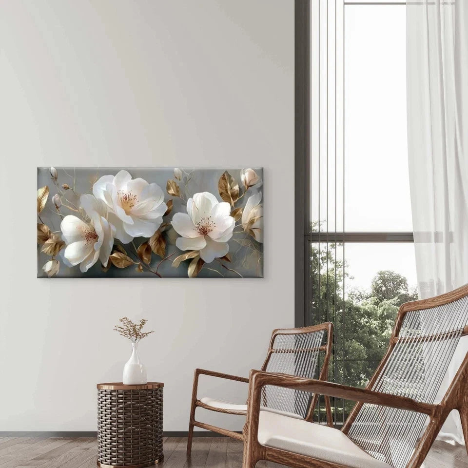 Elegant White & Golden Flowers Wall Art Canvas Office Home Room Framed 120x60cm