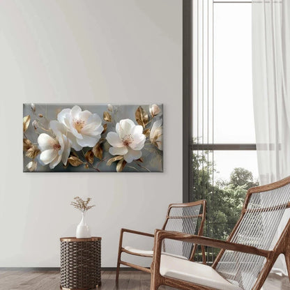 Elegant White & Golden Flowers Wall Art Canvas Office Home Room Framed 120x60cm
