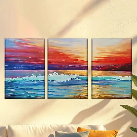 3pcs a painting of a sunset over the ocean Wall Art Set Canvas Framed 40x60cm - High Quality Print 100% Australian Made Wall Canvas Ready to Hang